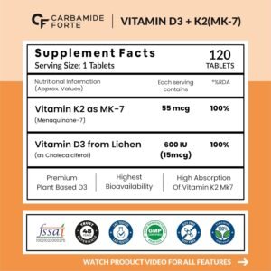 Carbamide Forte Vitamin D3 K2 | Vitamin D3 K2 Supplement for Bone & Heart Health | Vitamin D tablets with Vitamin K2 MK7 | Premium Vitamin D3 supplement with K2 for Wellness...