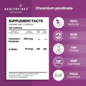 HealthyHey Nutrition Chromium Picolinate -Support Glucose Metabolism (High Absorption) 120 Capsules, Non-GMO, Gluten Free