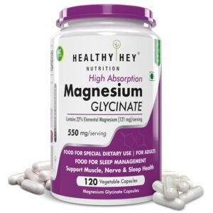 HealthyHey Nutrition Magnesium Glycinate Supplement High Absorption for Sleep, Cramps, & Nerves Health -120 Vegetable Capsules