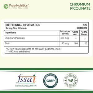 Pure Nutrition Chromium Picolinate (400mcg) - 120 Veg Capsules, | For Healthy Blood Sugar Level | Support Weight Management, Heart Health And Skin Health