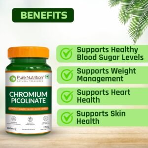 Pure Nutrition Chromium Picolinate (400mcg) - 120 Veg Capsules, | For Healthy Blood Sugar Level | Support Weight Management, Heart Health And Skin Health