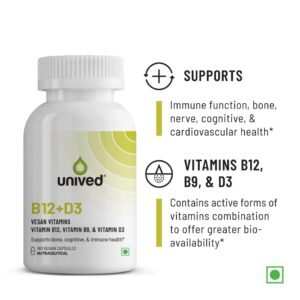 Unived B12+D3 | Methylcobalamin (98%), Methyltetrahydrofolate (5-MTHF), Vitamin D3 (Cholecalciferol) | Bone, Cognitive, Immune, & Cardiovascular Support | 180 Capsules