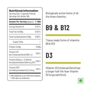 Unived B12+D3 | Methylcobalamin (98%), Methyltetrahydrofolate (5-MTHF), Vitamin D3 (Cholecalciferol) | Bone, Cognitive, Immune, & Cardiovascular Support | 180 Capsules